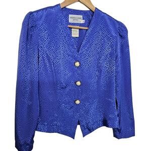 Vintage Andrea Gayle Blouse Womens Medium Blue 80s Shimmer V-neck Button Glam